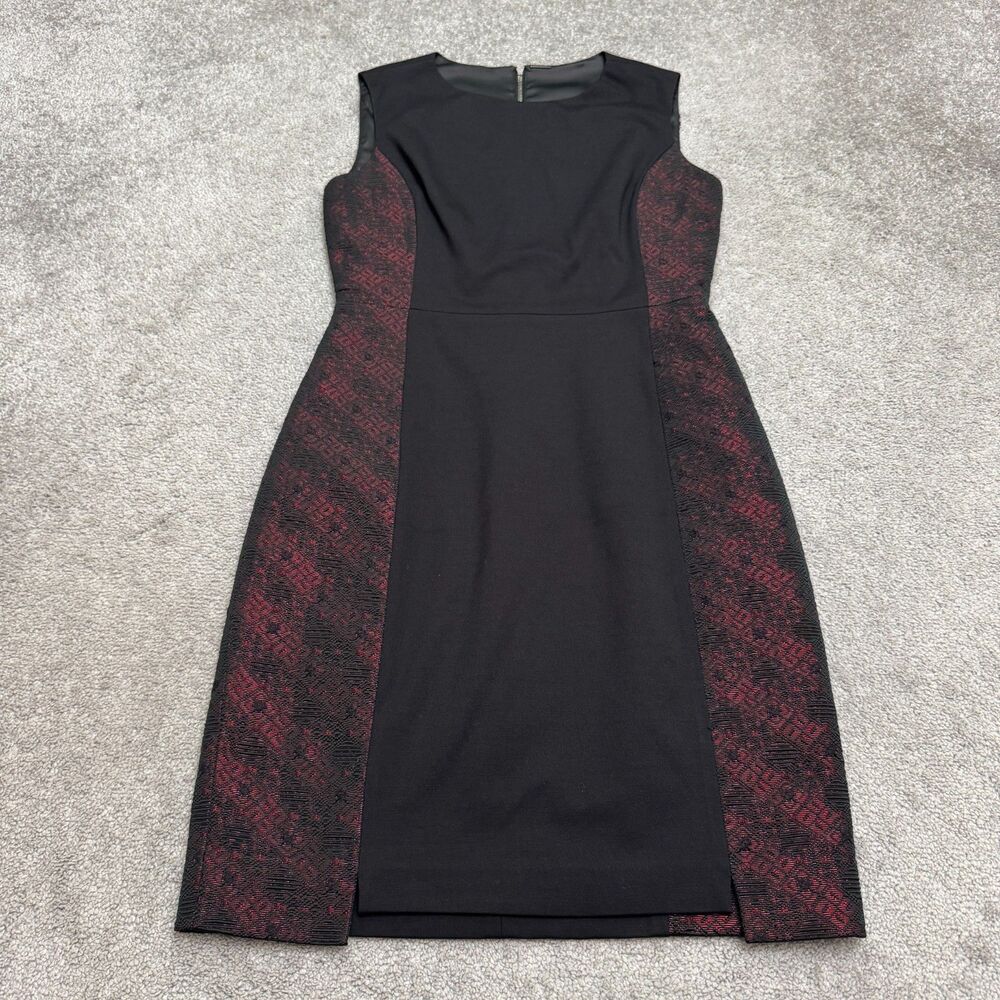 Elie Tahari Jacquard Side Panel Sleeveless Midi Sheath Dress Womens 6 Black Red